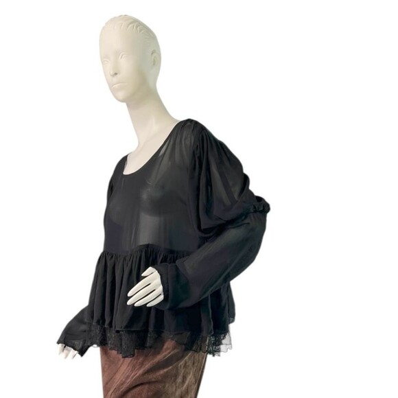 Marrika Nakk Black Sheer Chiffon & Lace Peasant Blouse Puff Sleeve Ruffled Hem M - Picture 4 of 8
